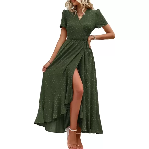 imagePRETTYGARDEN Womens Summer Wrap Maxi Dress Casual Boho Floral V Neck Short Sleeve Ruffle Hem Split Beach Long DressesZarmy Green