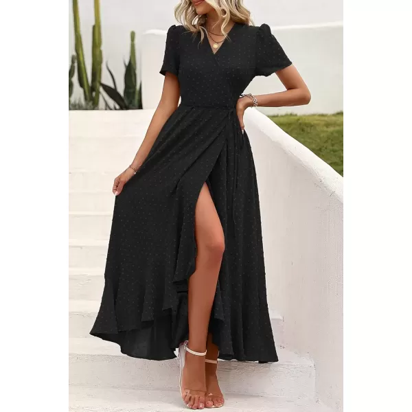 imagePRETTYGARDEN Womens Summer Wrap Maxi Dress Casual Boho Floral V Neck Short Sleeve Ruffle Hem Split Beach Long DressesZblack