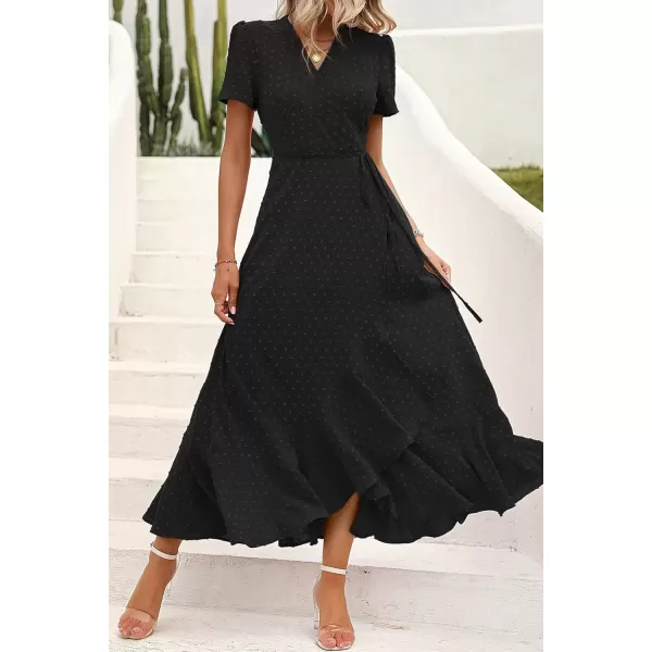 imagePRETTYGARDEN Womens Summer Wrap Maxi Dress Casual Boho Floral V Neck Short Sleeve Ruffle Hem Split Beach Long DressesZblack