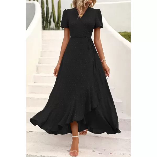 imagePRETTYGARDEN Womens Summer Wrap Maxi Dress Casual Boho Floral V Neck Short Sleeve Ruffle Hem Split Beach Long DressesZblack