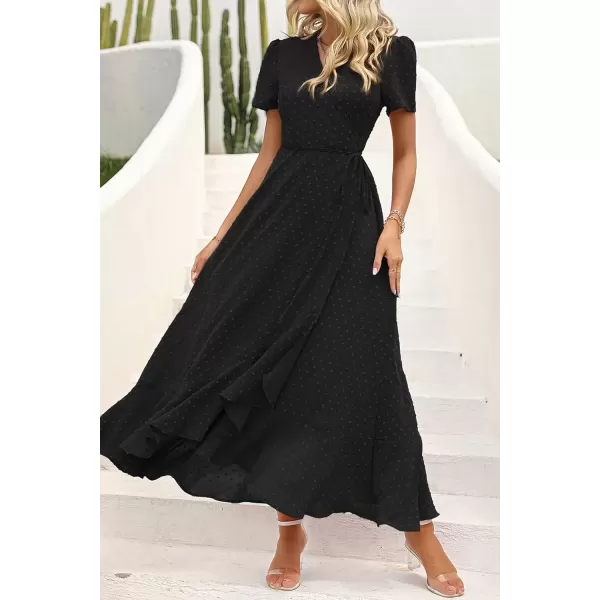 imagePRETTYGARDEN Womens Summer Wrap Maxi Dress Casual Boho Floral V Neck Short Sleeve Ruffle Hem Split Beach Long DressesZblack