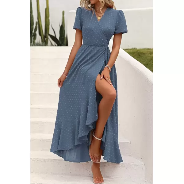 imagePRETTYGARDEN Womens Summer Wrap Maxi Dress Casual Boho Floral V Neck Short Sleeve Ruffle Hem Split Beach Long DressesZblue