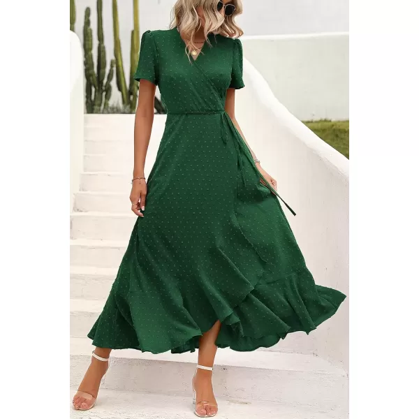 imagePRETTYGARDEN Womens Summer Wrap Maxi Dress Casual Boho Floral V Neck Short Sleeve Ruffle Hem Split Beach Long DressesZdark Green
