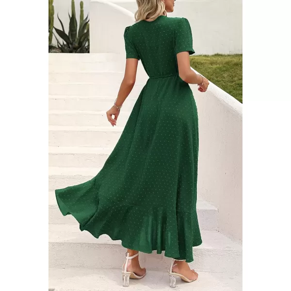 imagePRETTYGARDEN Womens Summer Wrap Maxi Dress Casual Boho Floral V Neck Short Sleeve Ruffle Hem Split Beach Long DressesZdark Green