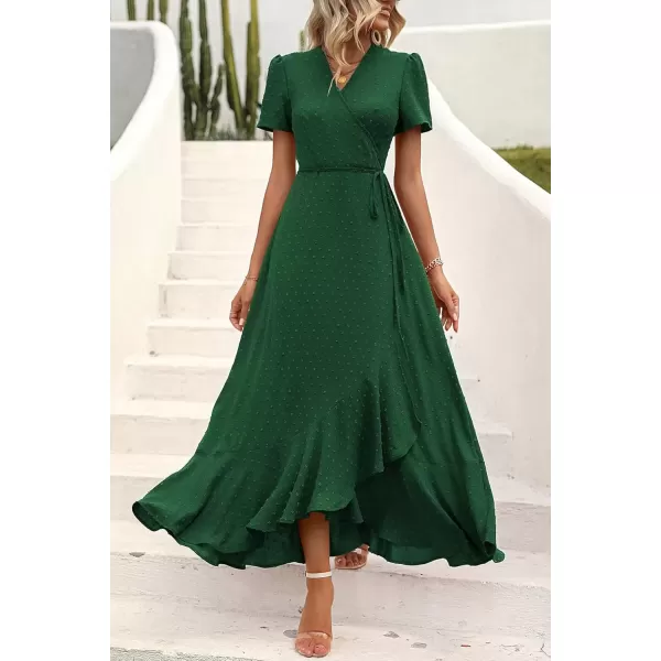 imagePRETTYGARDEN Womens Summer Wrap Maxi Dress Casual Boho Floral V Neck Short Sleeve Ruffle Hem Split Beach Long DressesZdark Green
