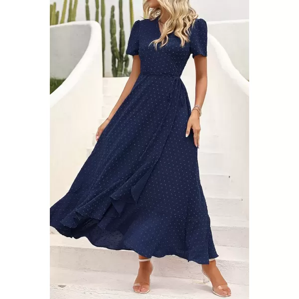 imagePRETTYGARDEN Womens Summer Wrap Maxi Dress Casual Boho Floral V Neck Short Sleeve Ruffle Hem Split Beach Long DressesZnavy