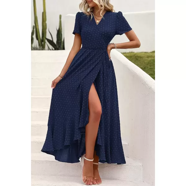 imagePRETTYGARDEN Womens Summer Wrap Maxi Dress Casual Boho Floral V Neck Short Sleeve Ruffle Hem Split Beach Long DressesZnavy