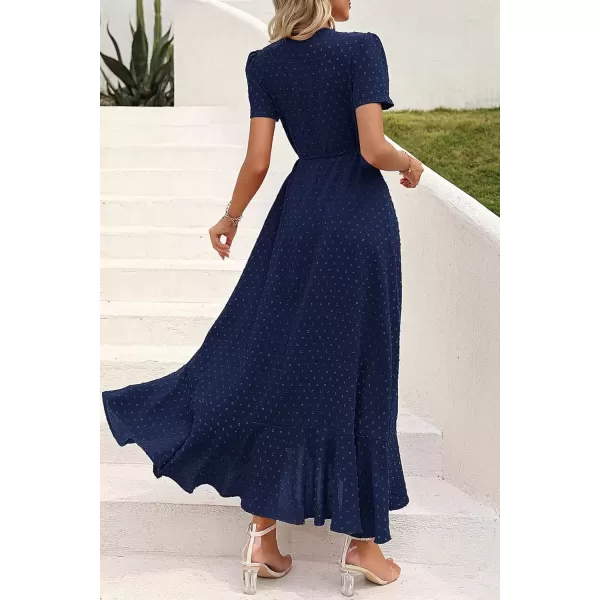 imagePRETTYGARDEN Womens Summer Wrap Maxi Dress Casual Boho Floral V Neck Short Sleeve Ruffle Hem Split Beach Long DressesZnavy