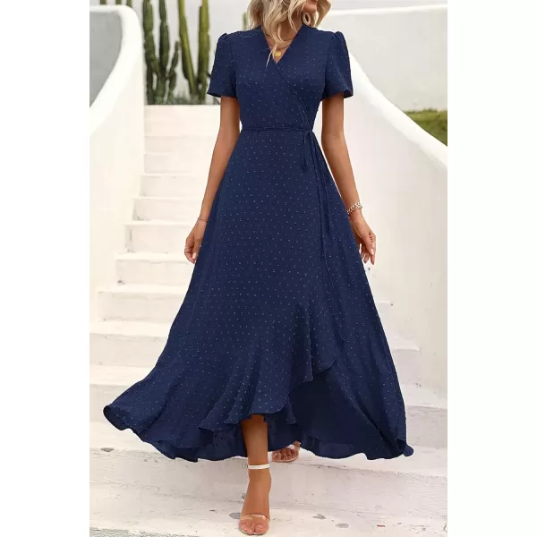 imagePRETTYGARDEN Womens Summer Wrap Maxi Dress Casual Boho Floral V Neck Short Sleeve Ruffle Hem Split Beach Long DressesZnavy