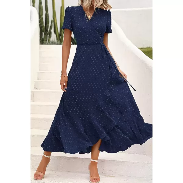imagePRETTYGARDEN Womens Summer Wrap Maxi Dress Casual Boho Floral V Neck Short Sleeve Ruffle Hem Split Beach Long DressesZnavy