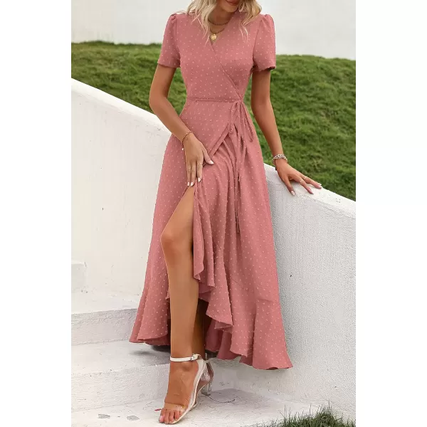 imagePRETTYGARDEN Womens Summer Wrap Maxi Dress Casual Boho Floral V Neck Short Sleeve Ruffle Hem Split Beach Long DressesZpink