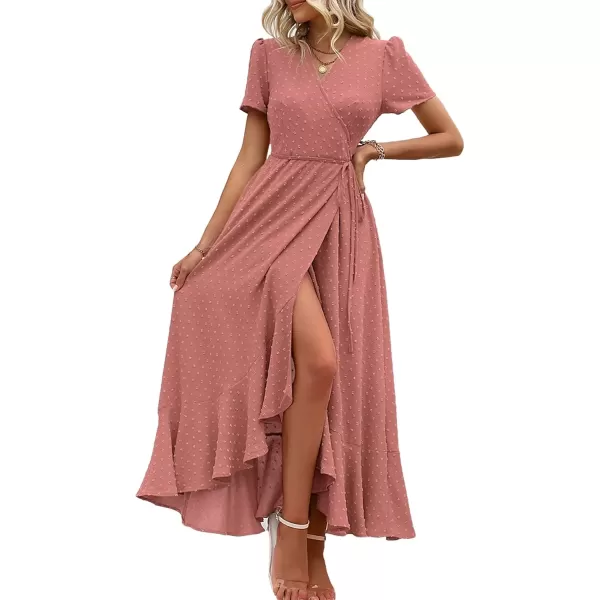 imagePRETTYGARDEN Womens Summer Wrap Maxi Dress Casual Boho Floral V Neck Short Sleeve Ruffle Hem Split Beach Long DressesZpink