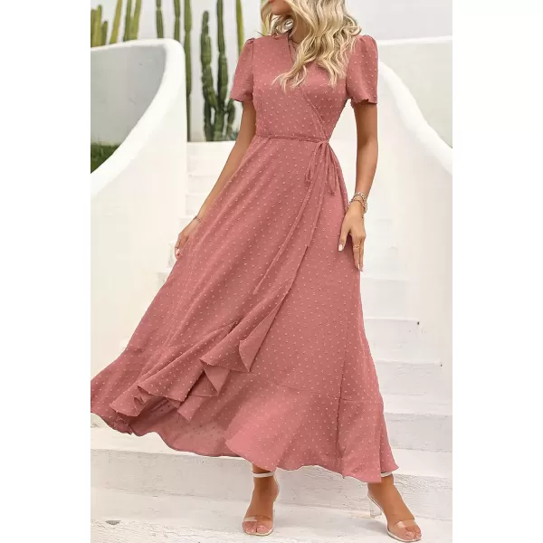 imagePRETTYGARDEN Womens Summer Wrap Maxi Dress Casual Boho Floral V Neck Short Sleeve Ruffle Hem Split Beach Long DressesZpink