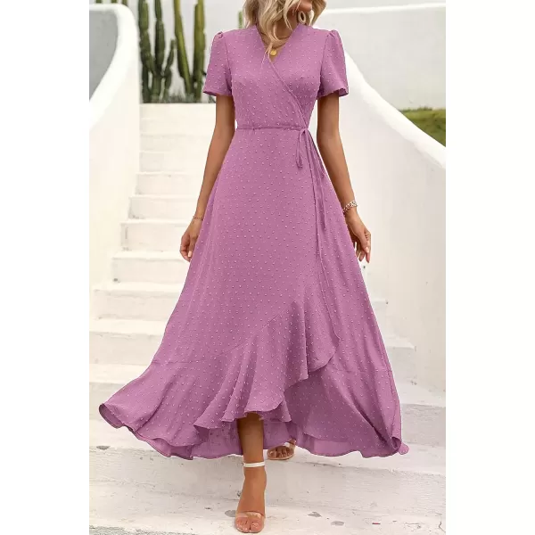 imagePRETTYGARDEN Womens Summer Wrap Maxi Dress Casual Boho Floral V Neck Short Sleeve Ruffle Hem Split Beach Long DressesZpurple