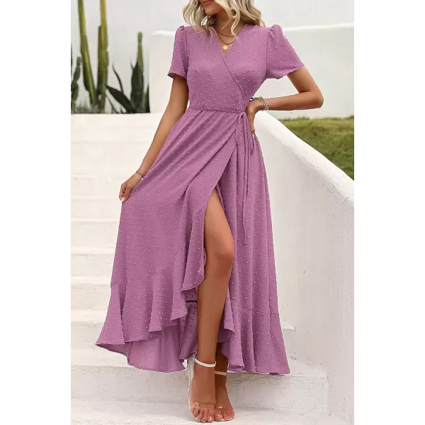 imagePRETTYGARDEN Womens Summer Wrap Maxi Dress Casual Boho Floral V Neck Short Sleeve Ruffle Hem Split Beach Long DressesZpurple