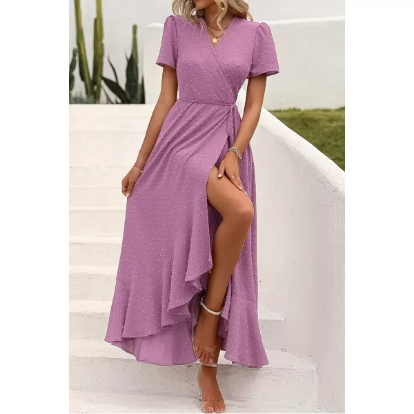 imagePRETTYGARDEN Womens Summer Wrap Maxi Dress Casual Boho Floral V Neck Short Sleeve Ruffle Hem Split Beach Long DressesZpurple