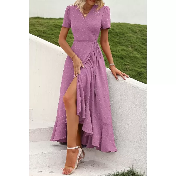 imagePRETTYGARDEN Womens Summer Wrap Maxi Dress Casual Boho Floral V Neck Short Sleeve Ruffle Hem Split Beach Long DressesZpurple