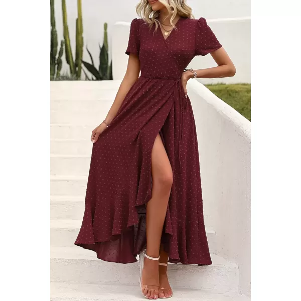 imagePRETTYGARDEN Womens Summer Wrap Maxi Dress Casual Boho Floral V Neck Short Sleeve Ruffle Hem Split Beach Long DressesZwine Red