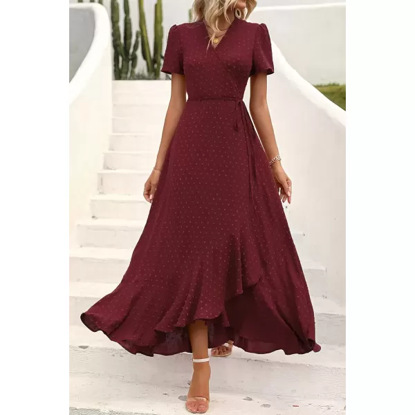 imagePRETTYGARDEN Womens Summer Wrap Maxi Dress Casual Boho Floral V Neck Short Sleeve Ruffle Hem Split Beach Long DressesZwine Red