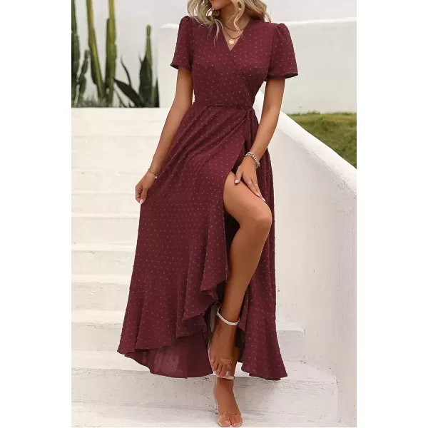 imagePRETTYGARDEN Womens Summer Wrap Maxi Dress Casual Boho Floral V Neck Short Sleeve Ruffle Hem Split Beach Long DressesZwine Red