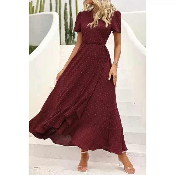 imagePRETTYGARDEN Womens Summer Wrap Maxi Dress Casual Boho Floral V Neck Short Sleeve Ruffle Hem Split Beach Long DressesZwine Red