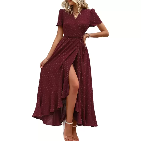 imagePRETTYGARDEN Womens Summer Wrap Maxi Dress Casual Boho Floral V Neck Short Sleeve Ruffle Hem Split Beach Long DressesZwine Red