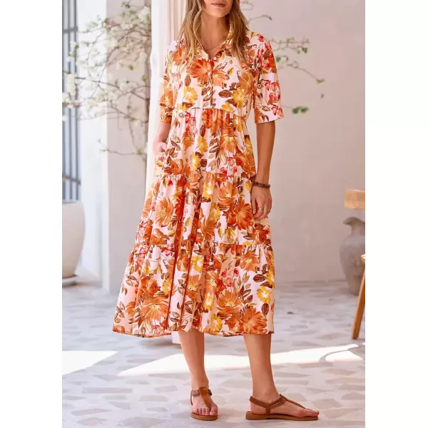 imagePRETTYGARDEN Summer Dress for Women Short Sleeve Button Up Ruffle A Line Flowy Maxi DressesFloral Apricot Orange