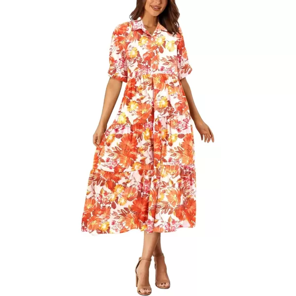 imagePRETTYGARDEN Summer Dress for Women Short Sleeve Button Up Ruffle A Line Flowy Maxi DressesFloral Apricot Orange