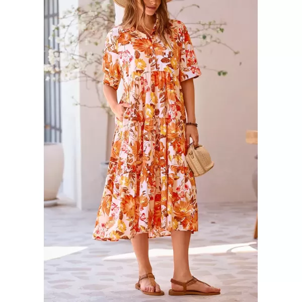 imagePRETTYGARDEN Summer Dress for Women Short Sleeve Button Up Ruffle A Line Flowy Maxi DressesFloral Apricot Orange
