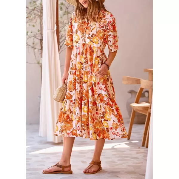 imagePRETTYGARDEN Summer Dress for Women Short Sleeve Button Up Ruffle A Line Flowy Maxi DressesFloral Apricot Orange