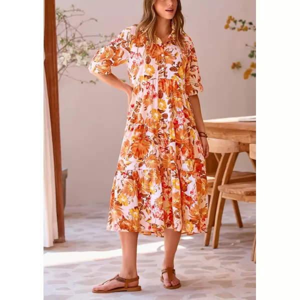 imagePRETTYGARDEN Summer Dress for Women Short Sleeve Button Up Ruffle A Line Flowy Maxi DressesFloral Apricot Orange