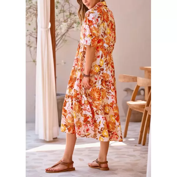 imagePRETTYGARDEN Summer Dress for Women Short Sleeve Button Up Ruffle A Line Flowy Maxi DressesFloral Apricot Orange