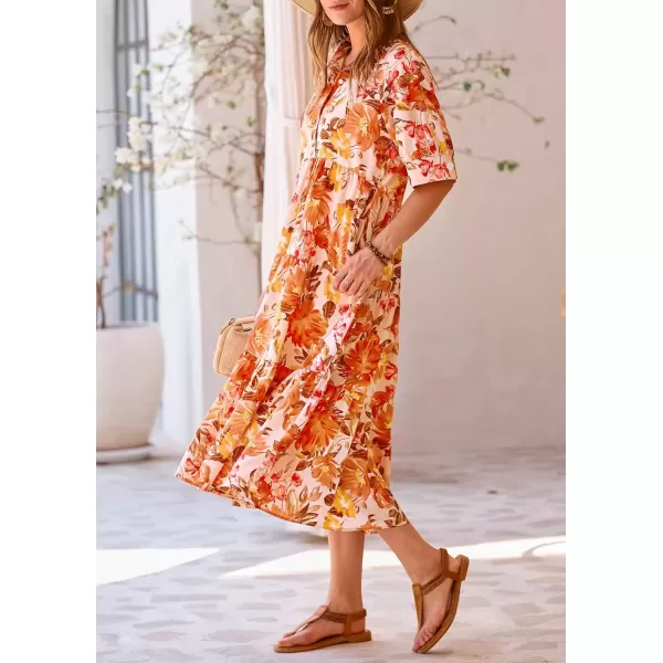 imagePRETTYGARDEN Summer Dress for Women Short Sleeve Button Up Ruffle A Line Flowy Maxi DressesFloral Apricot Orange