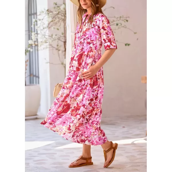 imagePRETTYGARDEN Summer Dress for Women Short Sleeve Button Up Ruffle A Line Flowy Maxi DressesFloral Pink Red