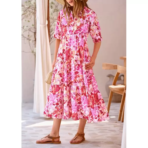 imagePRETTYGARDEN Summer Dress for Women Short Sleeve Button Up Ruffle A Line Flowy Maxi DressesFloral Pink Red