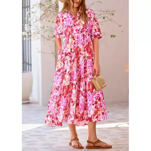 imagePRETTYGARDEN Summer Dress for Women Short Sleeve Button Up Ruffle A Line Flowy Maxi DressesFloral Pink Red