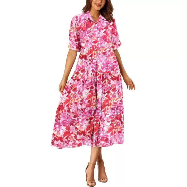 imagePRETTYGARDEN Summer Dress for Women Short Sleeve Button Up Ruffle A Line Flowy Maxi DressesFloral Pink Red