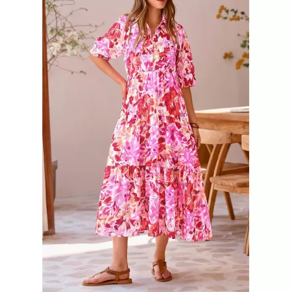 imagePRETTYGARDEN Summer Dress for Women Short Sleeve Button Up Ruffle A Line Flowy Maxi DressesFloral Pink Red