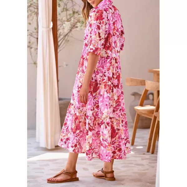 imagePRETTYGARDEN Summer Dress for Women Short Sleeve Button Up Ruffle A Line Flowy Maxi DressesFloral Pink Red