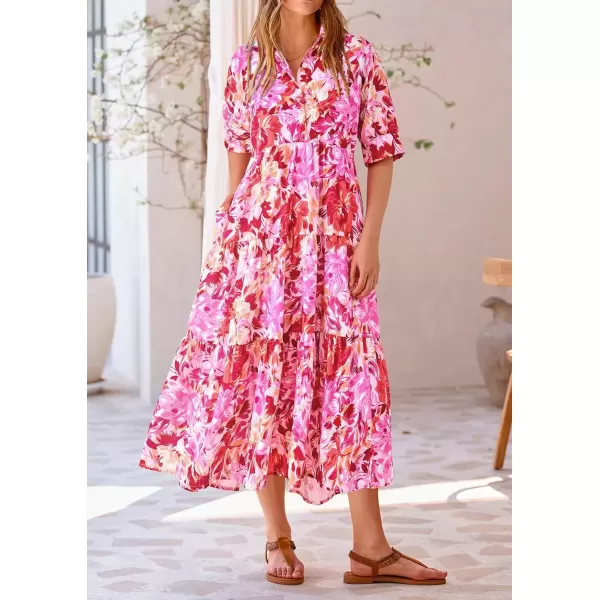 imagePRETTYGARDEN Summer Dress for Women Short Sleeve Button Up Ruffle A Line Flowy Maxi DressesFloral Pink Red