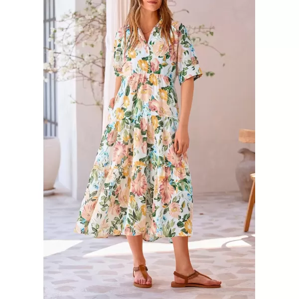 imagePRETTYGARDEN Summer Dress for Women Short Sleeve Button Up Ruffle A Line Flowy Maxi DressesFloral White Apricot