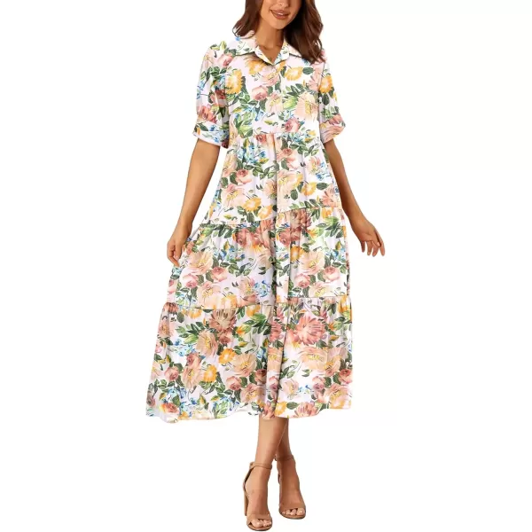 imagePRETTYGARDEN Summer Dress for Women Short Sleeve Button Up Ruffle A Line Flowy Maxi DressesFloral White Apricot