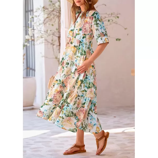 imagePRETTYGARDEN Summer Dress for Women Short Sleeve Button Up Ruffle A Line Flowy Maxi DressesFloral White Apricot