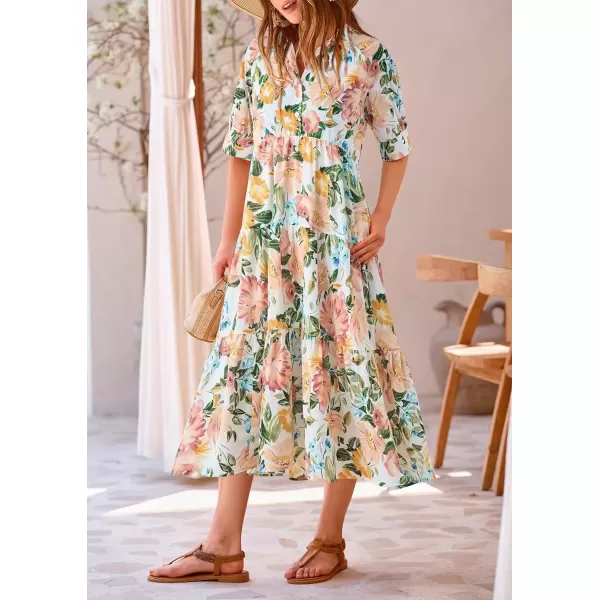 imagePRETTYGARDEN Summer Dress for Women Short Sleeve Button Up Ruffle A Line Flowy Maxi DressesFloral White Apricot