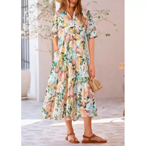 imagePRETTYGARDEN Summer Dress for Women Short Sleeve Button Up Ruffle A Line Flowy Maxi DressesFloral White Apricot