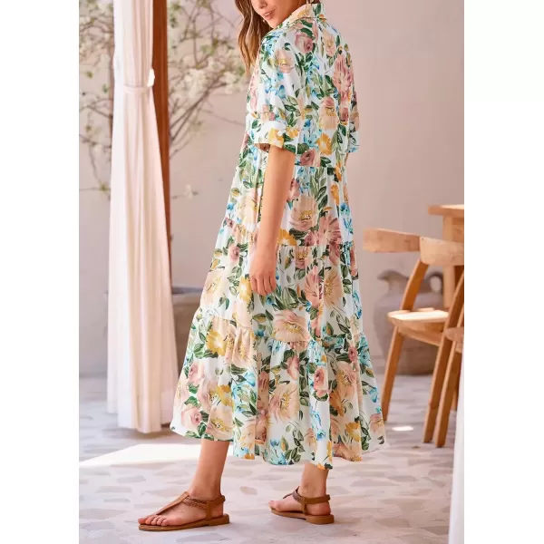 imagePRETTYGARDEN Summer Dress for Women Short Sleeve Button Up Ruffle A Line Flowy Maxi DressesFloral White Apricot
