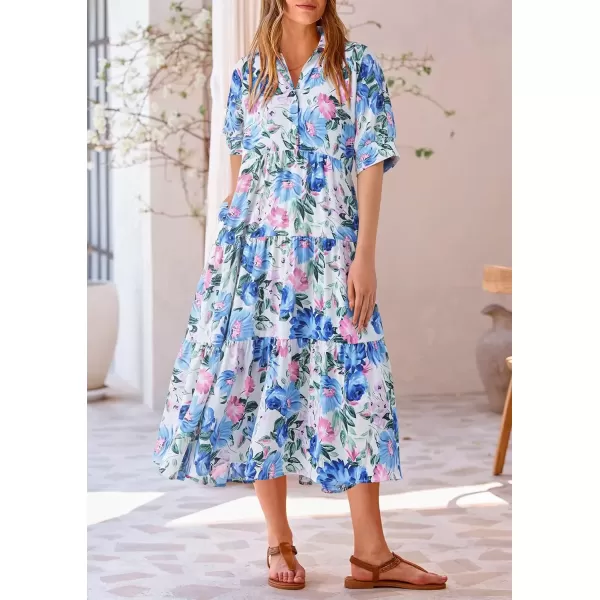 imagePRETTYGARDEN Summer Dress for Women Short Sleeve Button Up Ruffle A Line Flowy Maxi DressesFloral White Blue