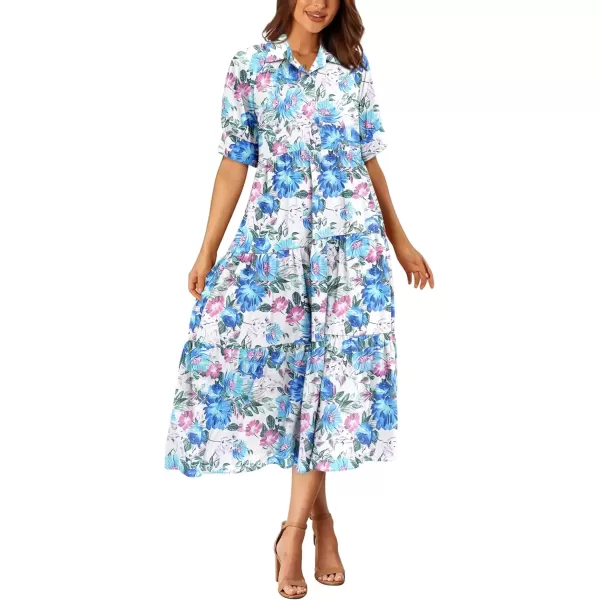 imagePRETTYGARDEN Summer Dress for Women Short Sleeve Button Up Ruffle A Line Flowy Maxi DressesFloral White Blue