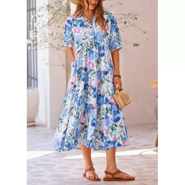 imagePRETTYGARDEN Summer Dress for Women Short Sleeve Button Up Ruffle A Line Flowy Maxi DressesFloral White Blue