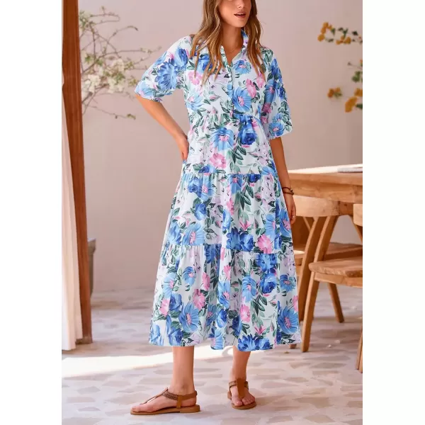 imagePRETTYGARDEN Summer Dress for Women Short Sleeve Button Up Ruffle A Line Flowy Maxi DressesFloral White Blue